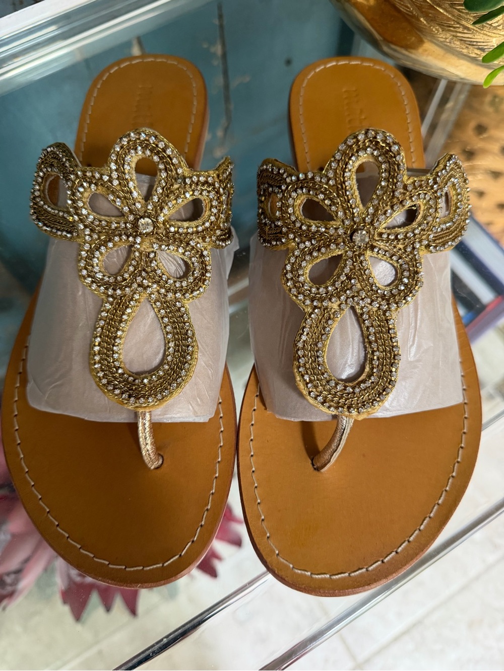 Embellished Gold Leather Thong Sandals for Women